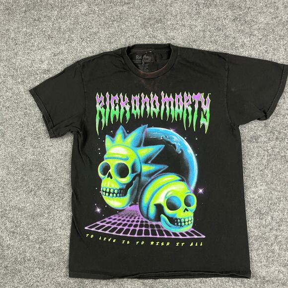 Rick and Morty T-Shirt Mens Size M Black Neon Skull Graphic Tee Cartoon Network - Picture 2 of 7
